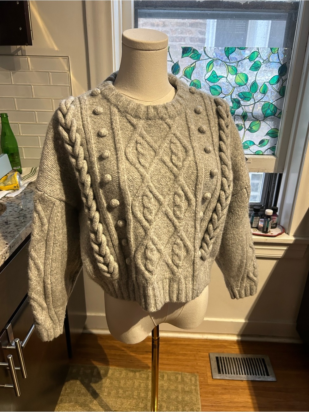 H&M Light Gray Cable Knit Pom-Pom Sweater